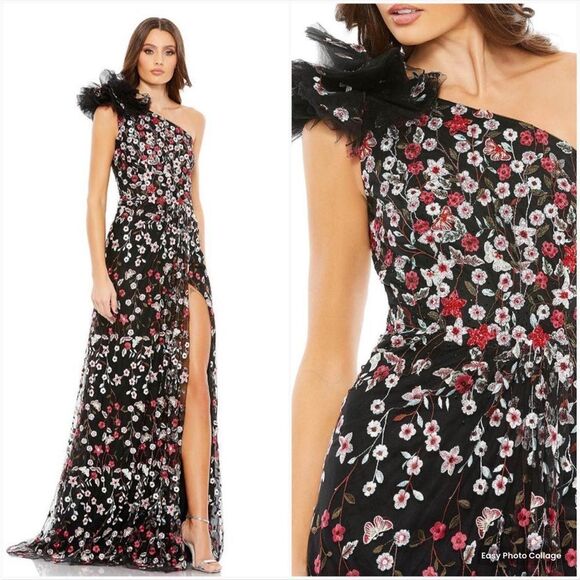 Mac Duggal 20331 EMBELLISHED RUFFLED ONE SHOULDER A LINE GOWN Black 12 - Picture 1 of 15